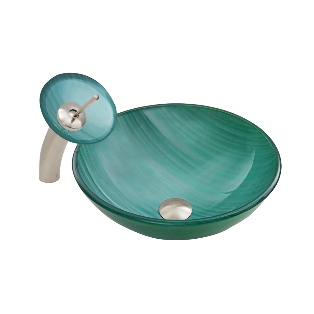 Whispering Wind Glass Vessel Sink and Waterfall Faucet Set in Brushed Nickel Finish