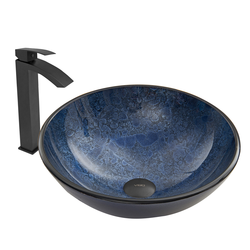 Indigo Eclipse Glass Vessel Sink and Duris Faucet Set in Matte Black