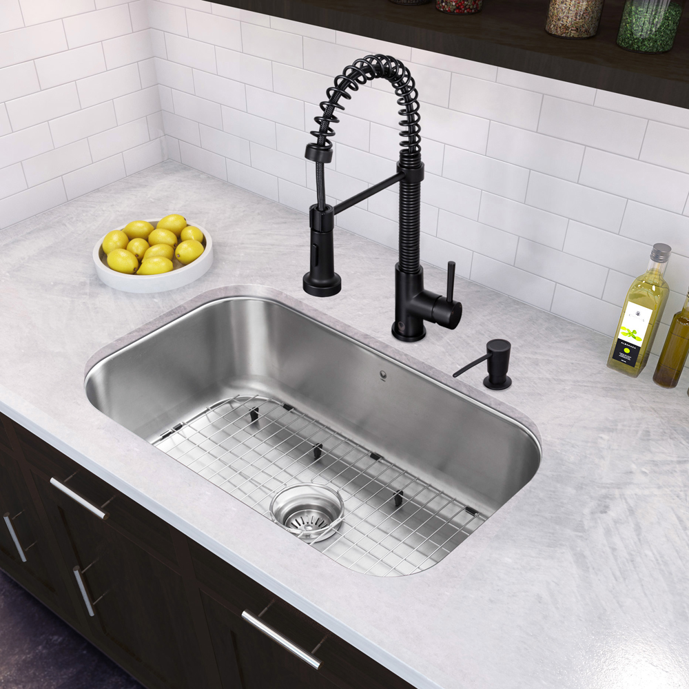 30-inch Undermount Stainless Steel 18 Gauge Single Bowl Kitchen Sink and Edison Matte Black Pull-Down Spray Kitchen Faucet