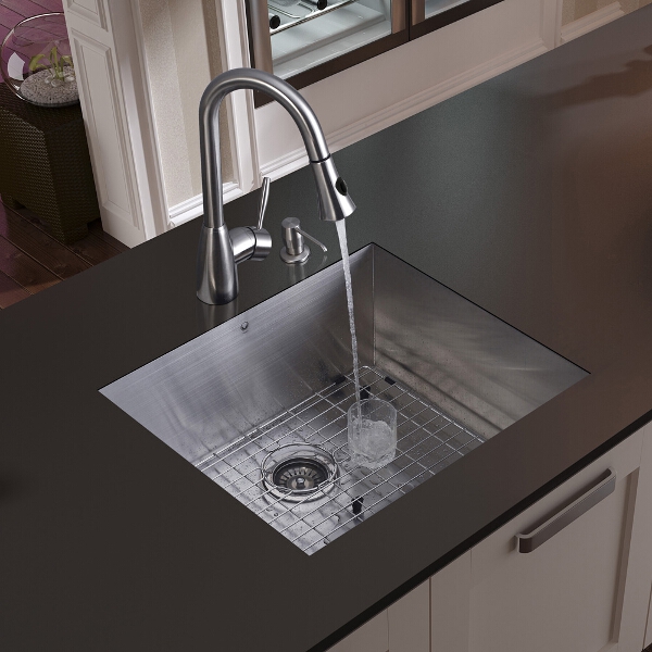 Undermount Stainless Steel Kitchen Sink, Faucet, Grid, Strainer and Dispenser