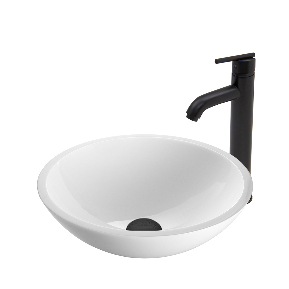Flat Edged White Phoenix Stone Glass Vessel Sink and Seville Faucet Set in Matte Black
