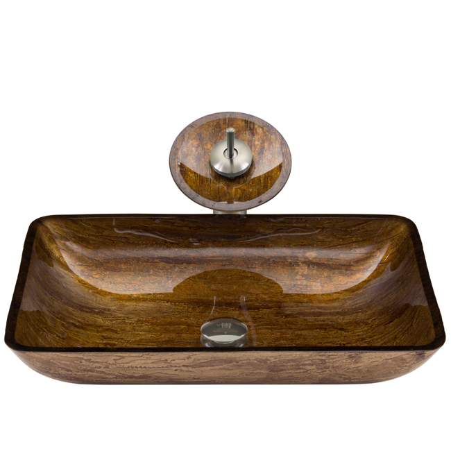 Rectangular Amber Sunset Glass Vessel Sink and Waterfall Faucet Set in Brushed Nickel