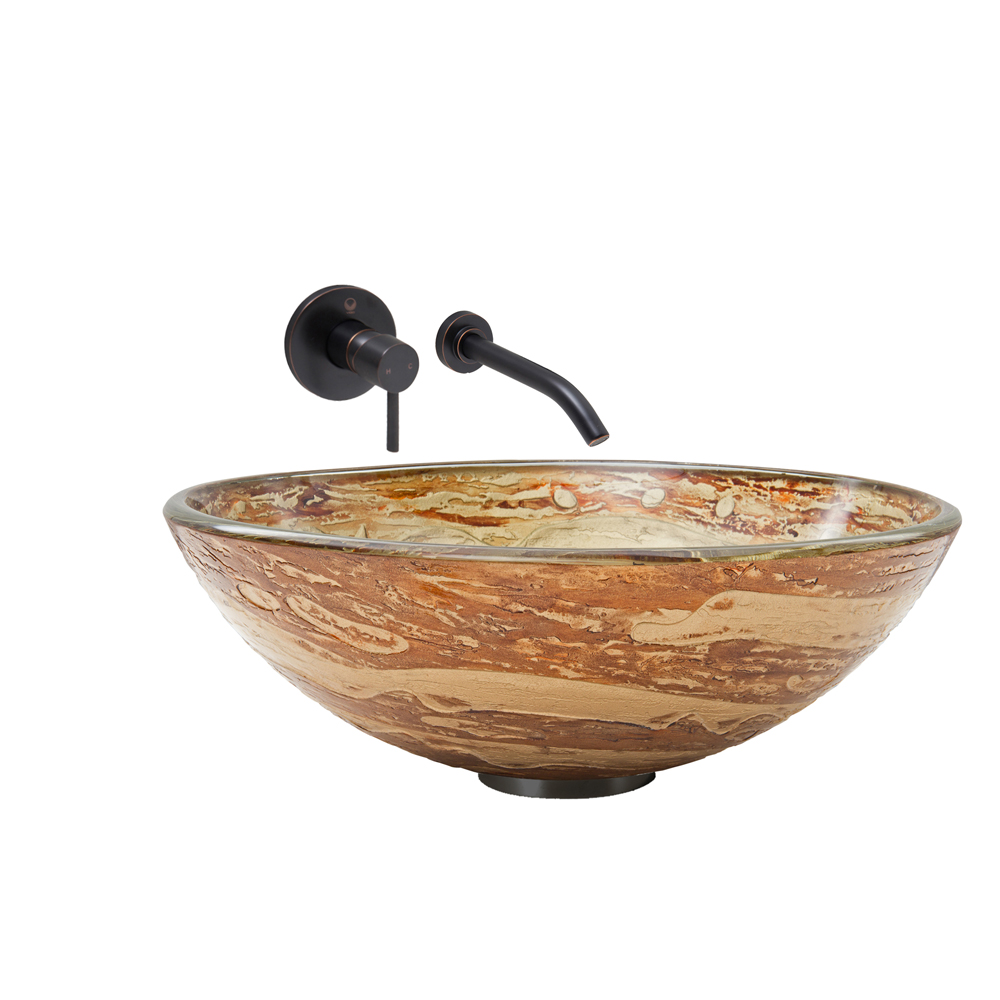 Mocha Swirl Glass Vessel Sink and Olus Wall Mount Faucet Set in Antique Rubbed Bronze