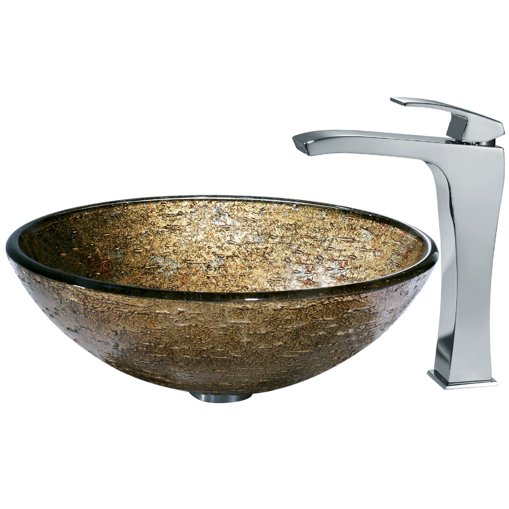 Textured Copper Glass Vessel Sink and Faucet Set in Chrome