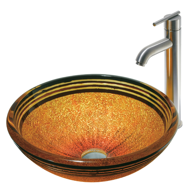Tangerine Glass Vessel Sink and Faucet Set in Brushed Nickel
