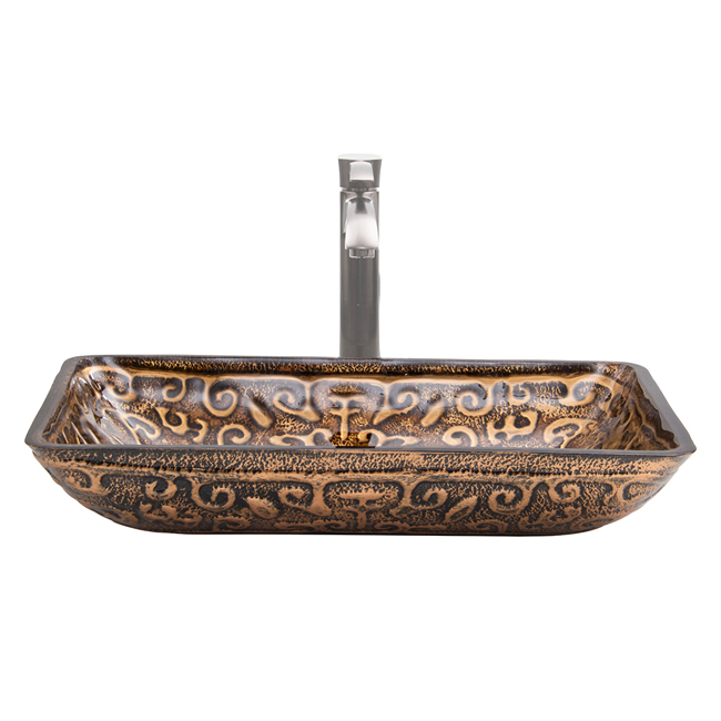 Rectangular Golden Greek Glass Vessel Sink and Otis Faucet Set in Brushed Nickel