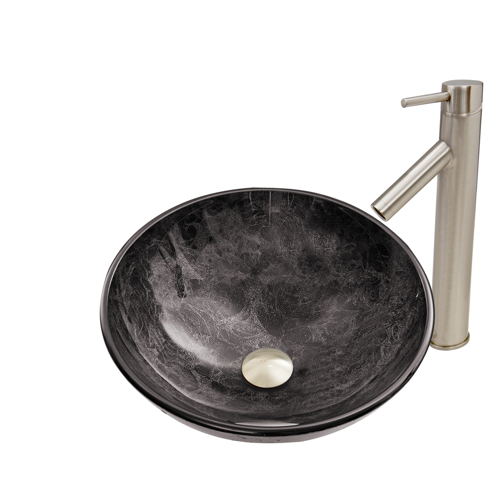 Gray Onyx Glass Vessel Sink and Dior Faucet Set in Brushed Nickel