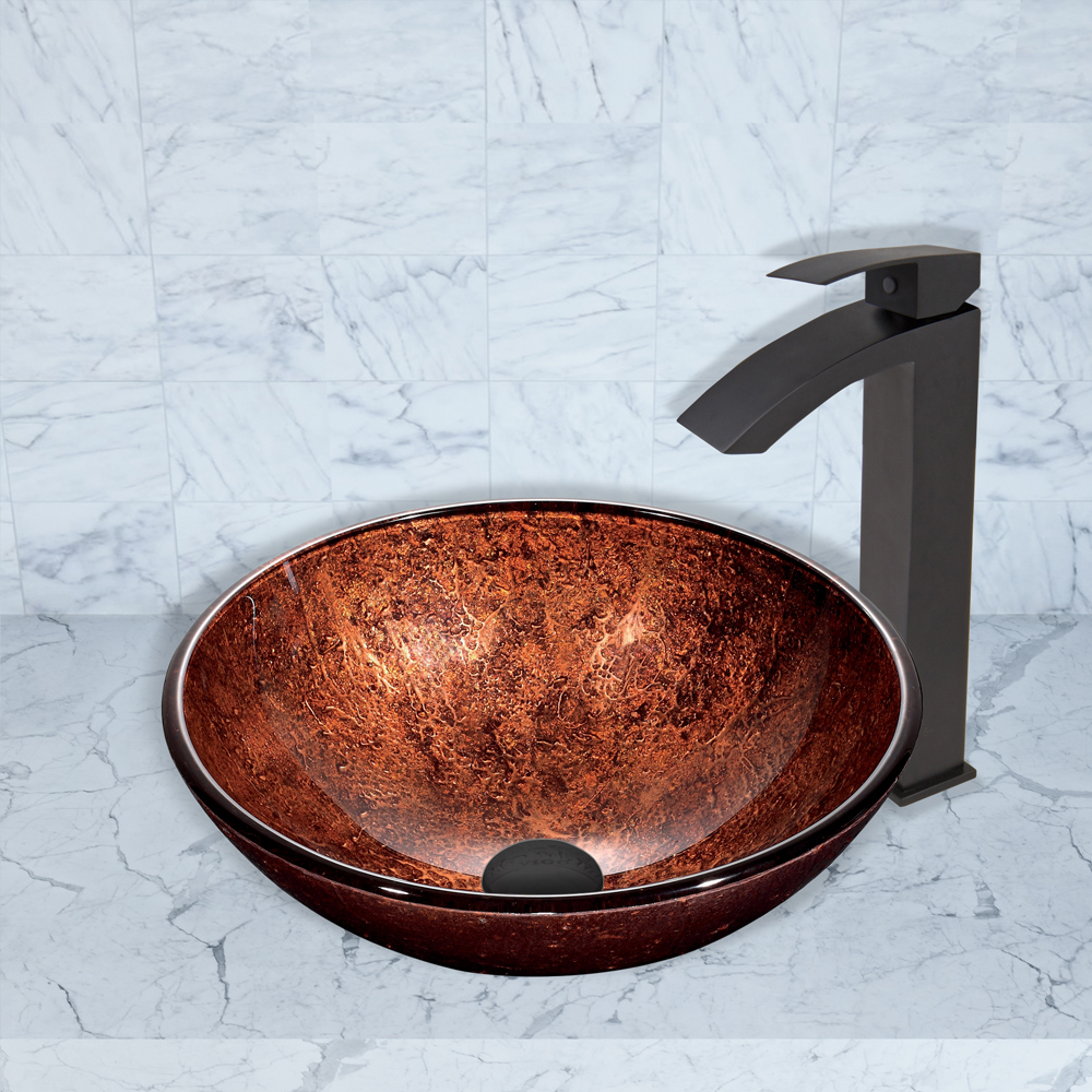 Mahogany Moon Glass Vessel Sink and Duris Faucet Set in Matte Black