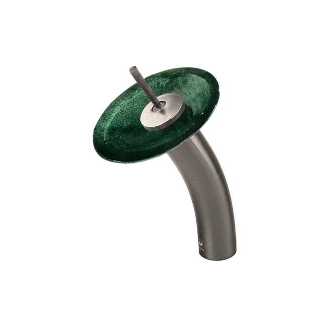 Waterfall Faucet with Emerald Glass Disc in Brushed Nickel