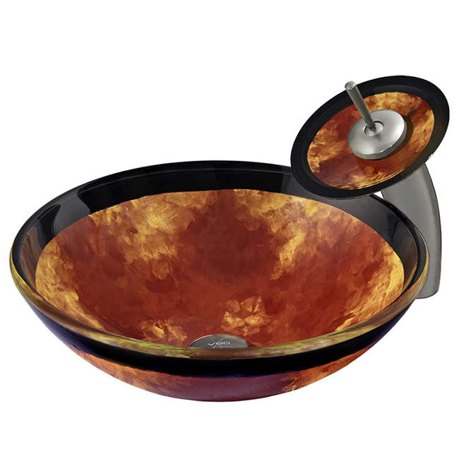 Auburn/Mocha Fusion Glass Vessel Sink and Waterfall Faucet Set in Brushed Nickel