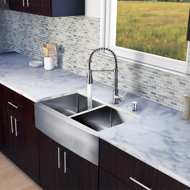 All in One 33-inch Farmhouse Stainless Steel Double Bowl Kitchen Sink and Faucet Set