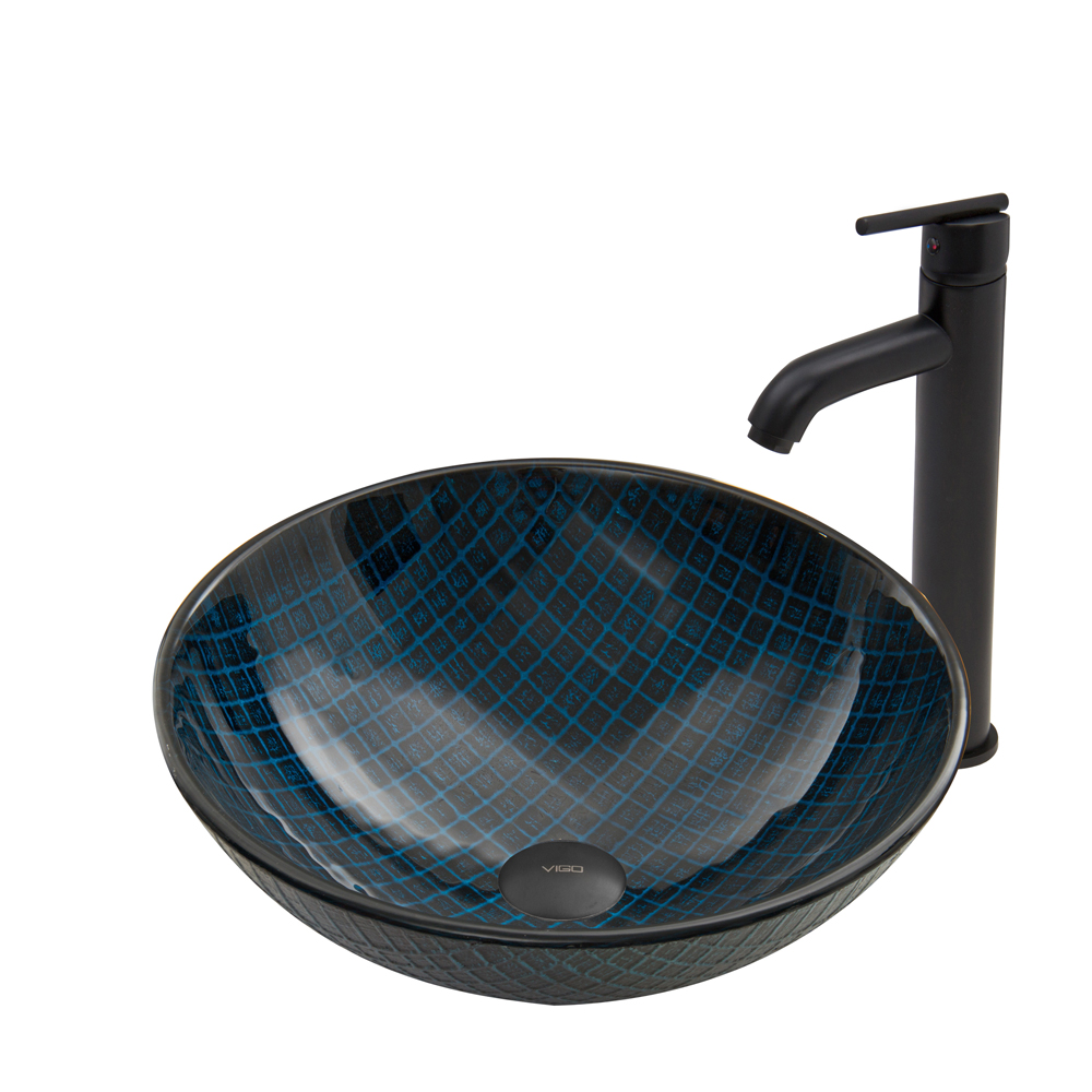 Blue Matrix Glass Vessel Sink and Seville Faucet Set in Matte Black