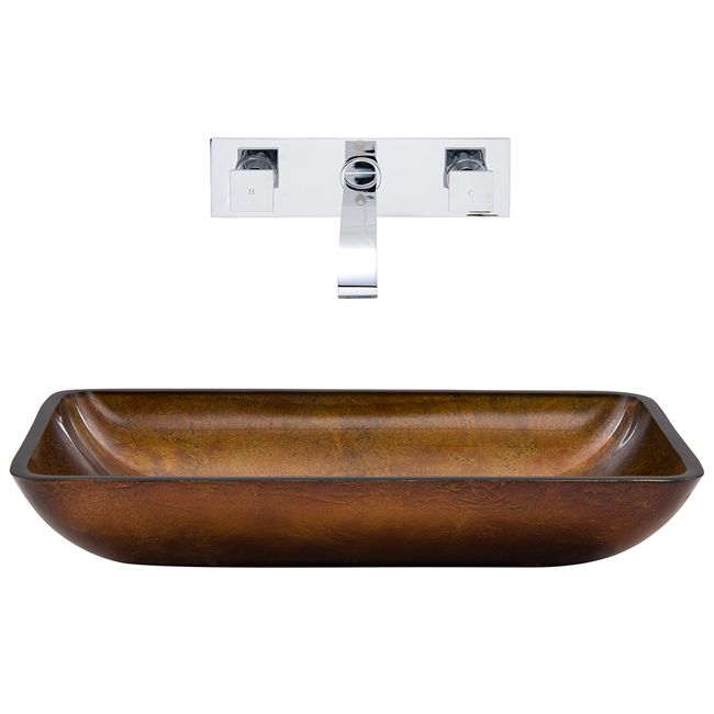 Rectangular Russet Glass Vessel Sink and Wall Mount Faucet Set in Chrome