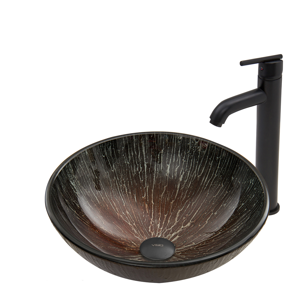 Enchanted Earth Glass Vessel Sink and Seville Faucet Set in Matte Black