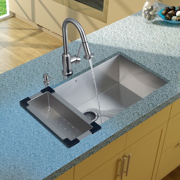 Undermount Stainless Steel Kitchen Sink, Faucet, Colander, Strainer and Dispenser