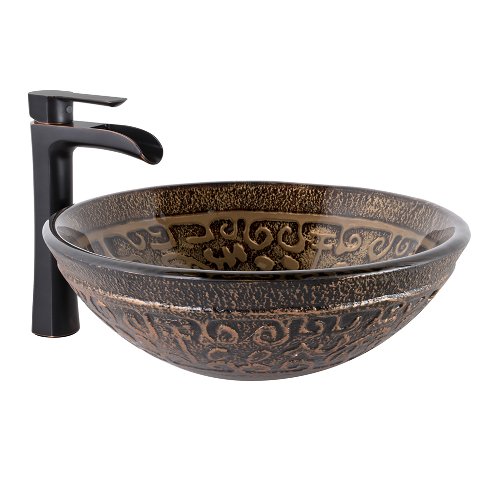 Golden Greek Glass Vessel Bathroom Sink and Niko Bathroom Vessel Faucet in Antique Rubbed Bronze