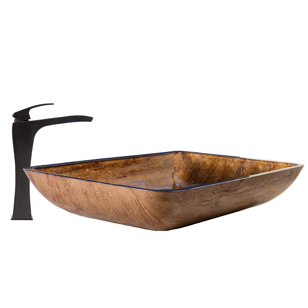 Rectangular Amber Sunset Glass Vessel Sink and Blackstonian Faucet Set in Antique Rubbed Bronze