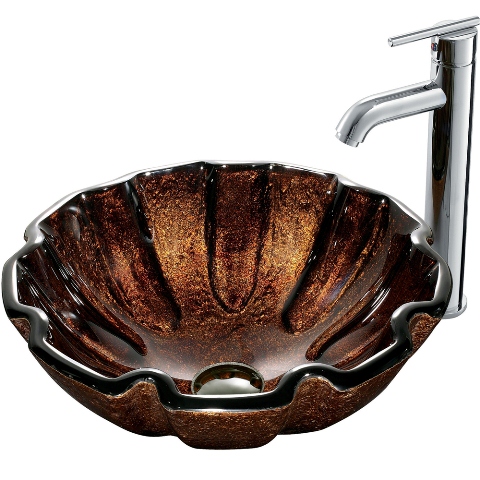Walnut Shell Glass Vessel Sink and Faucet Set in Chrome