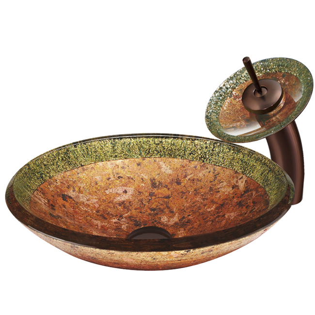 Janus Glass Vessel Sink and Waterfall Faucet Set in Oil Rubbed Bronze