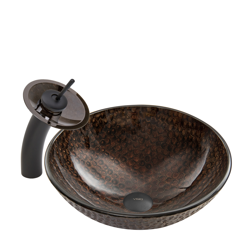 Copper Shield Glass Vessel Sink and Waterfall Faucet Set in Matte Black Finish