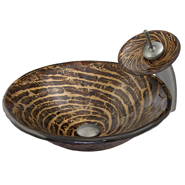 Chocolate Caramel Swirl Glass Vessel Sink and Waterfall Faucet Set in Brushed Nickel