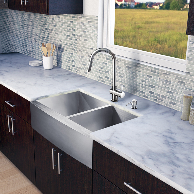 All in One 33-inch Farmhouse Stainless Steel Double Bowl Kitchen Sink and Faucet Set