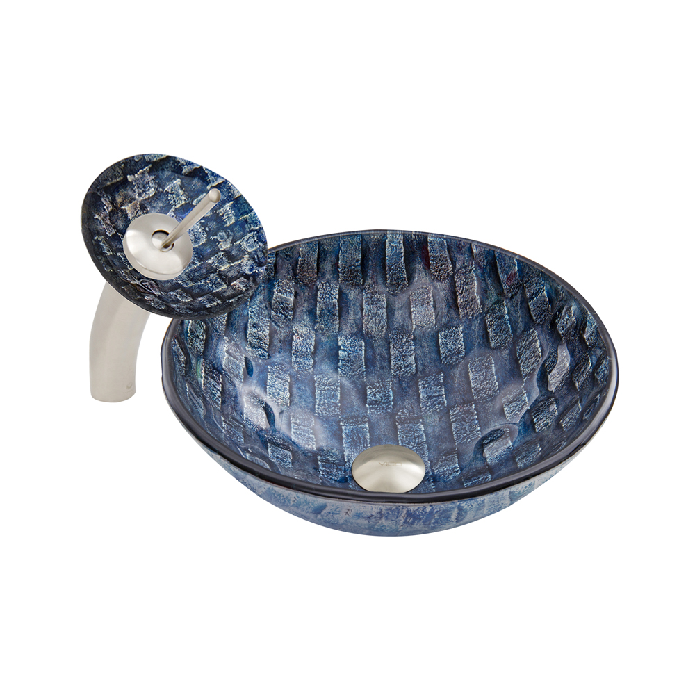 Rio Glass Vessel Sink and Waterfall Faucet Set in Brushed Nickel Finish