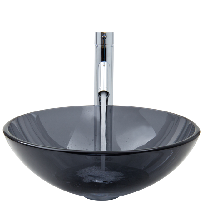 Sheer Black Glass Vessel Sink and Faucet Set in Chrome