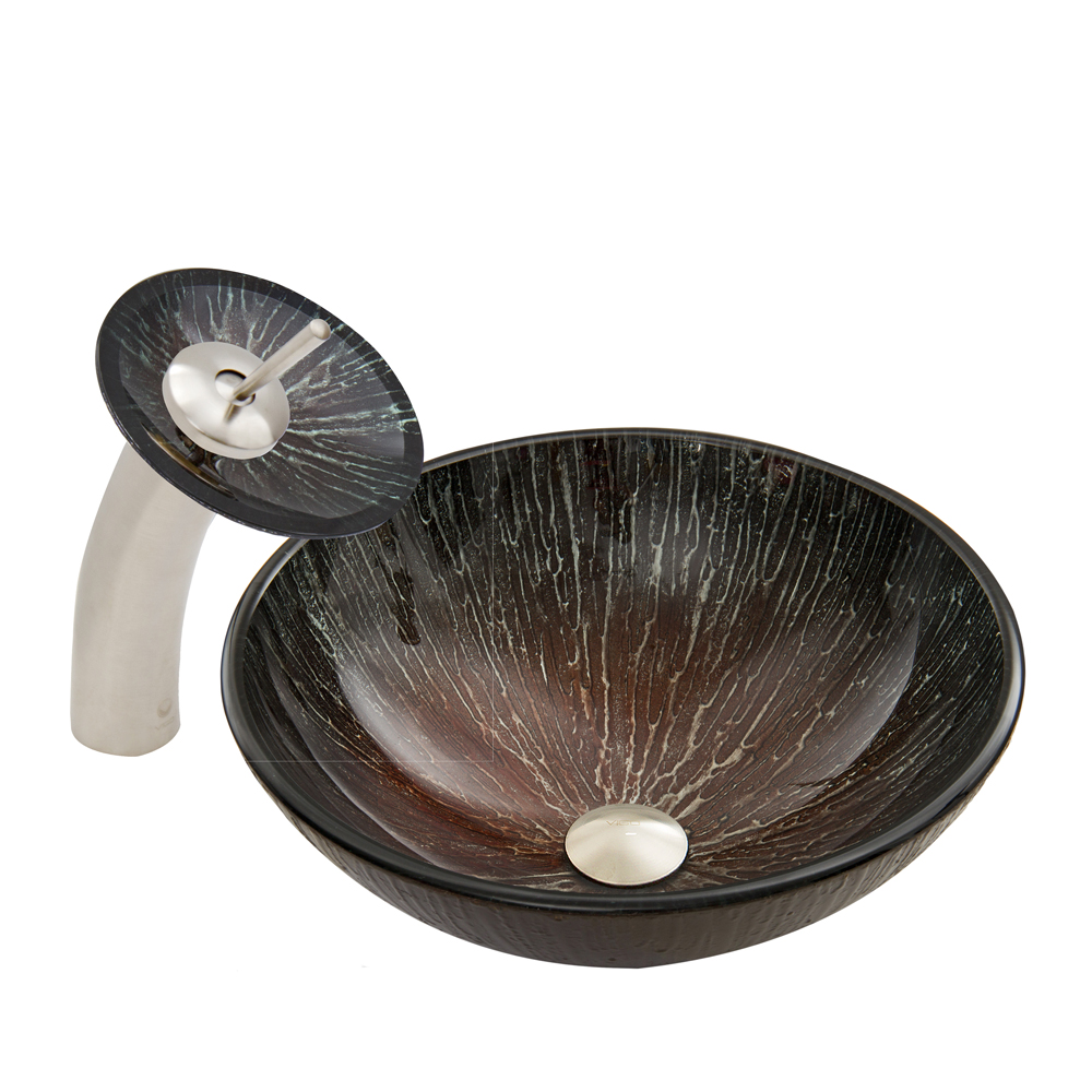 Enchanted Earth Glass Vessel Sink and Waterfall Faucet Set in Brushed Nickel Finish