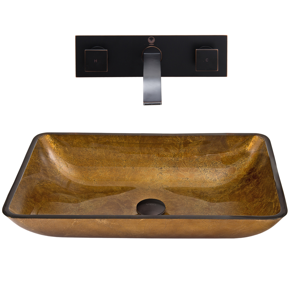 Rectangular Copper Glass Vessel Sink and Titus Wall Mount Faucet Set in Antique Rubbed Bronze