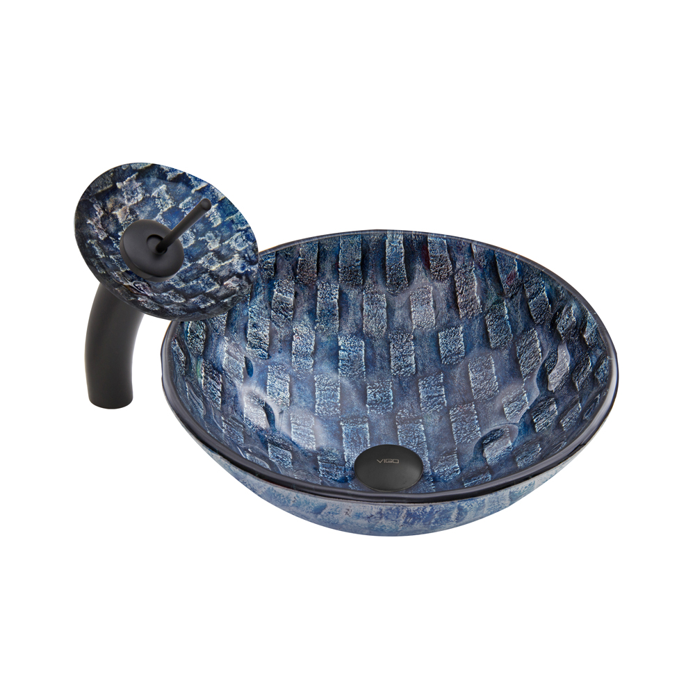 Rio Glass Vessel Sink and Waterfall Faucet Set in Matte Black Finish