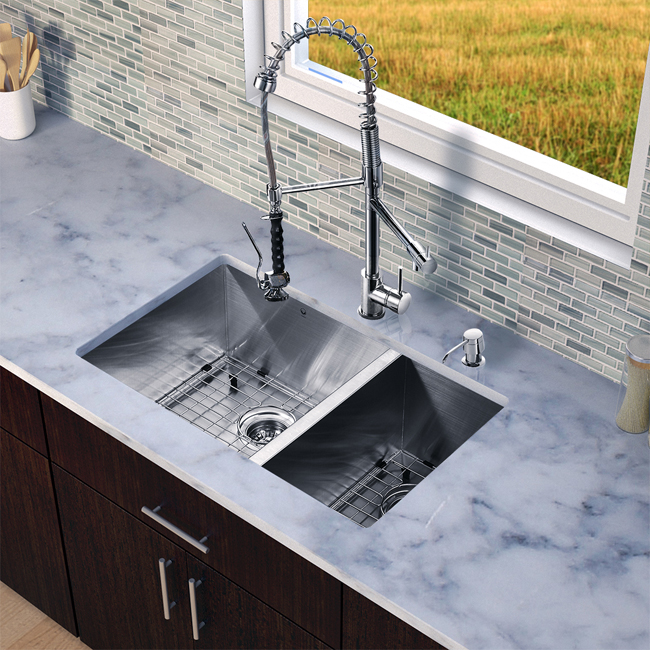 All in One 29-inch Undermount Stainless Steel Double Bowl Kitchen Sink and Chrome Faucet Set