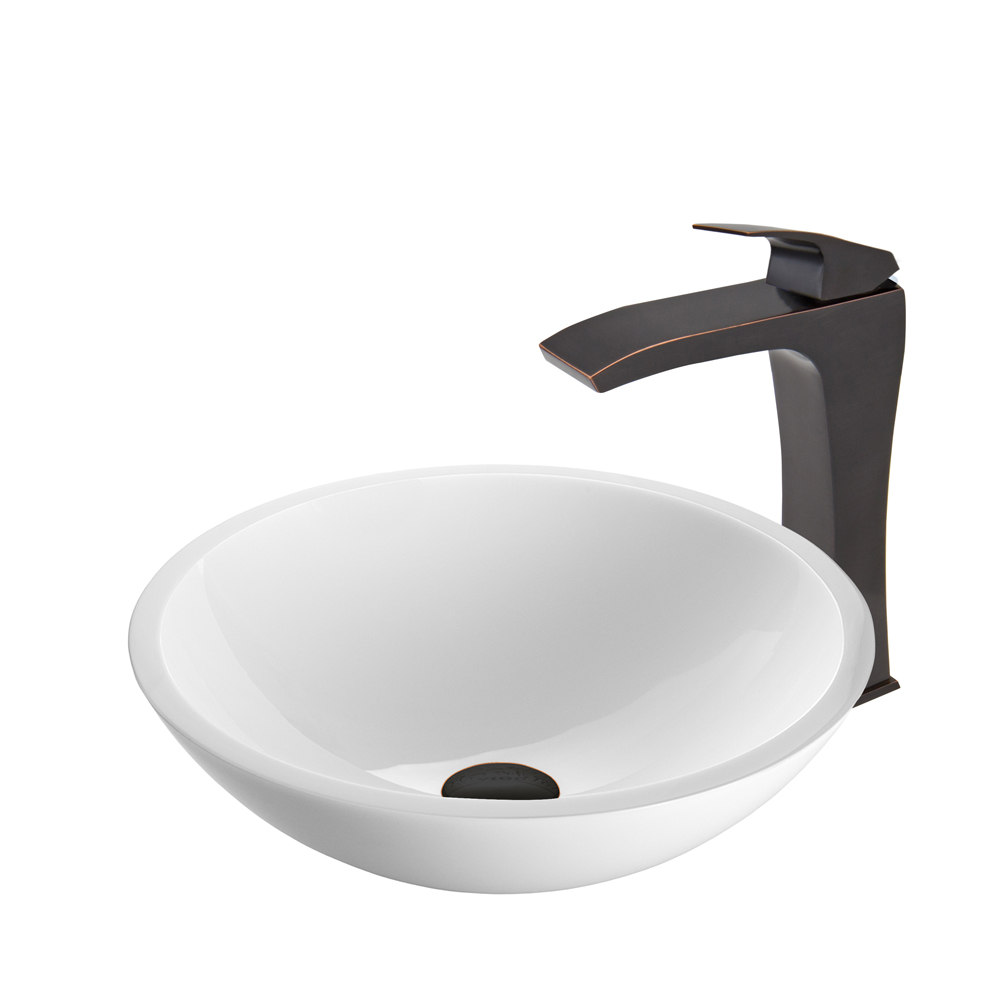 Flat Edged White Phoenix Stone Glass Vessel Sink and Blackstonian Faucet Set in Antique Rubbed Bronze