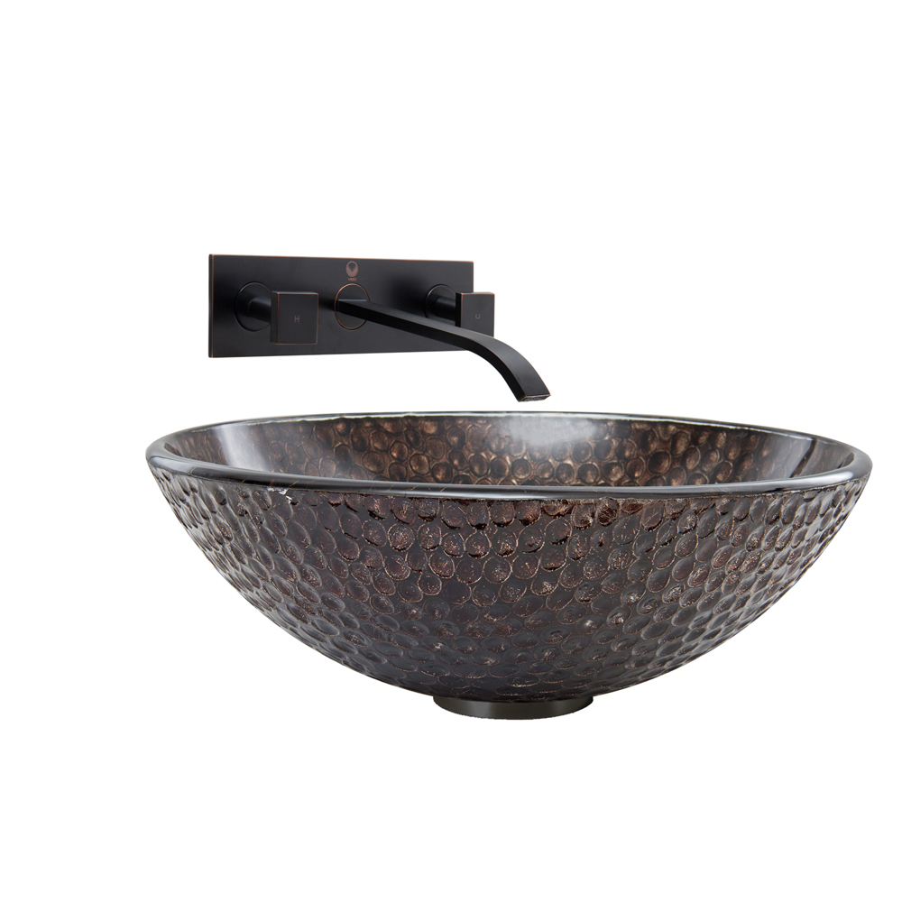 Copper Shield Glass Vessel Sink and Titus Wall Mount Faucet Set in Antique Rubbed Bronze