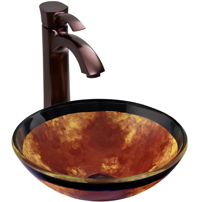Auburn/Mocha Fusion Glass Vessel Sink and Otis Faucet Set in Oil Rubbed Bronze