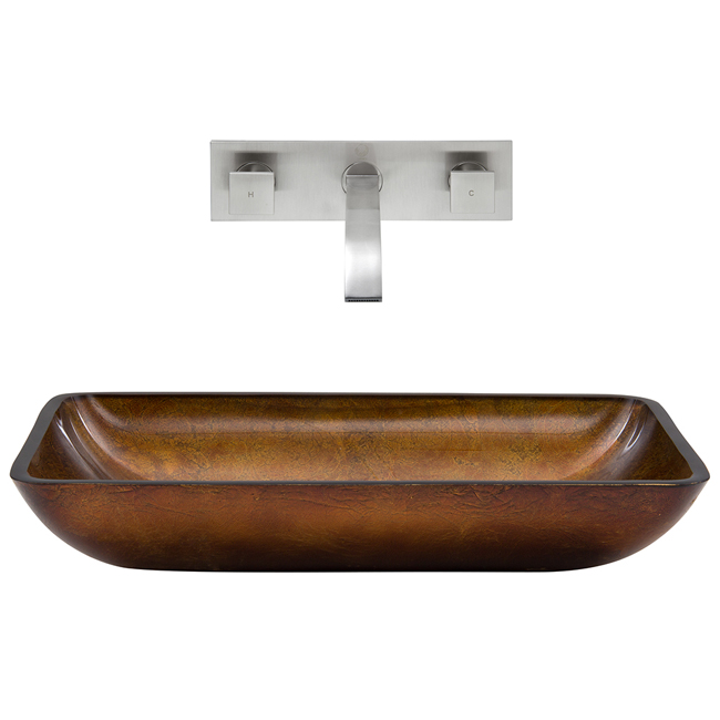 Rectangular Russet Glass Vessel Sink and Wall Mount Faucet Set in Brushed Nickel