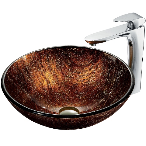Kenyan Twilight Glass Vessel Sink and Faucet Set in Chrome