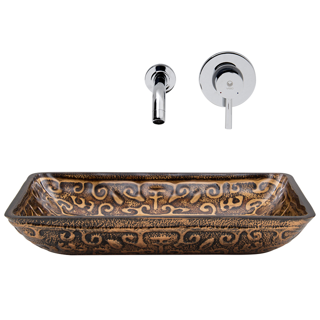 Rectangular Golden Greek Glass Vessel Sink and Wall Mount Faucet in Chrome