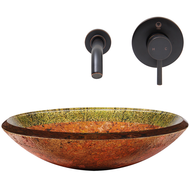 Janus Glass Vessel Sink and Olus Wall Mount Faucet Set in Antique Rubbed Bronze