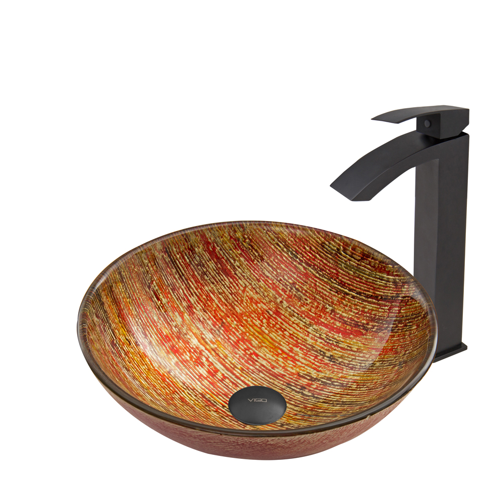 Blazing Fire Glass Vessel Sink and Duris Faucet Set in Matte Black