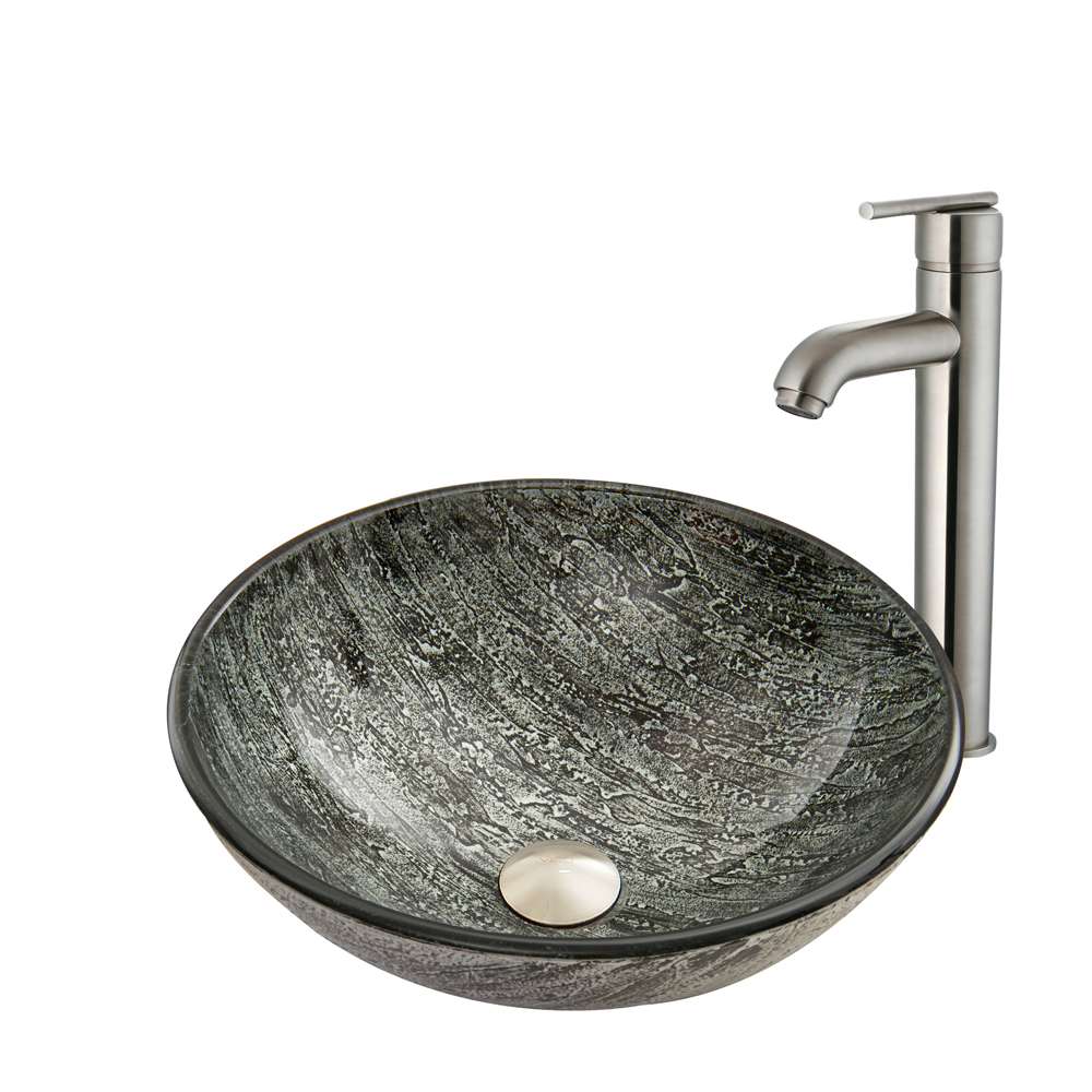 Titanium Glass Vessel Sink and Seville Faucet Set in Brushed Nickel