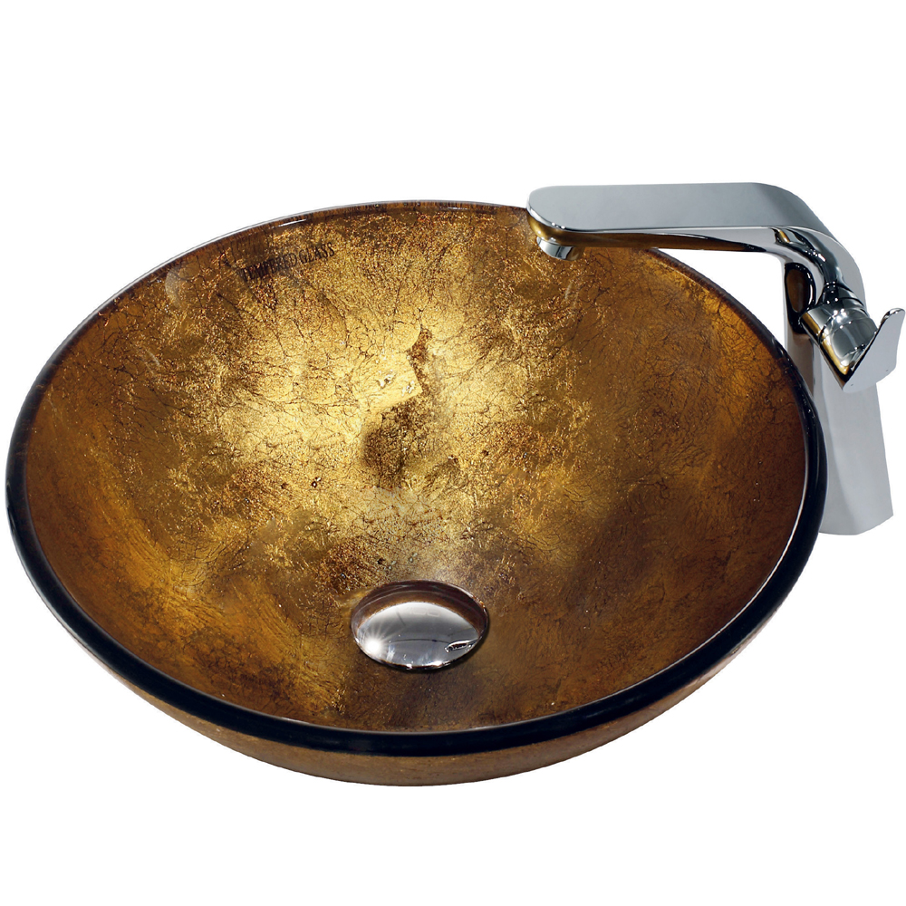 Liquid Gold Glass Vessel Sink and Faucet Set in Chrome