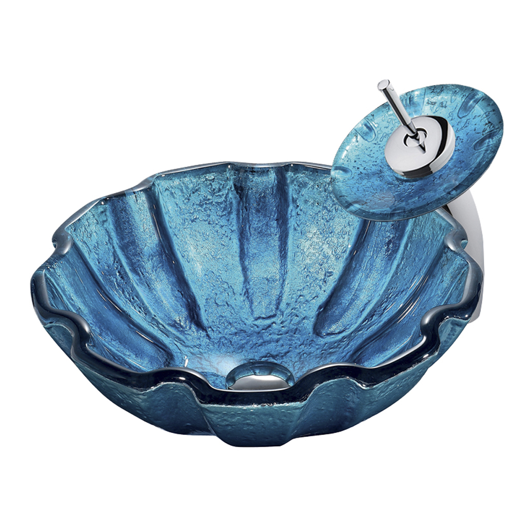 Mediterranean Seashell Glass Vessel Sink and Waterfall Faucet Set in Chrome