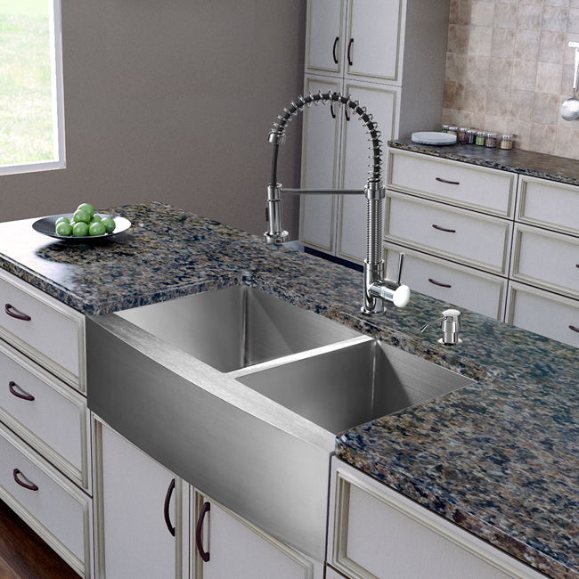 All in One 36-inch Farmhouse Stainless Steel Double Bowl Kitchen Sink and Chrome Faucet Set