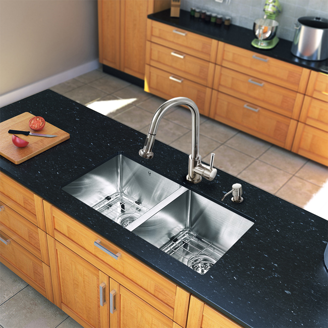 All in One 29-inch Undermount Stainless Steel Double Bowl Kitchen Sink and Chrome Faucet Set