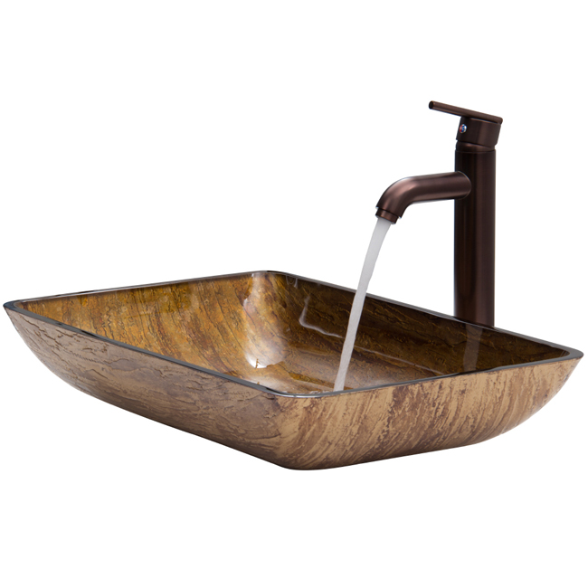 Rectangular Amber Sunset Glass Vessel Sink and Faucet Set in Oil Rubbed Bronze