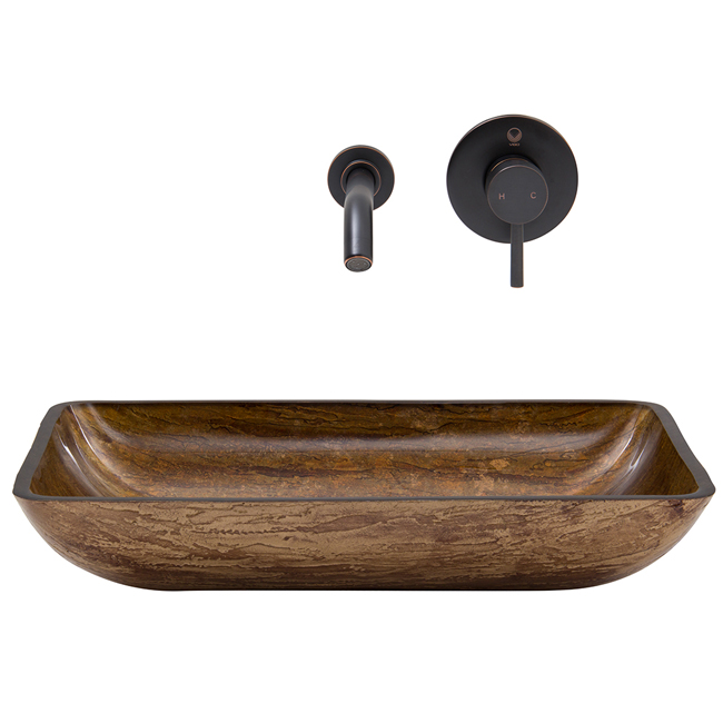 Rectangular Amber Sunset Glass Vessel Sink and Wall Mount Faucet in Antique Rubbed Bronze