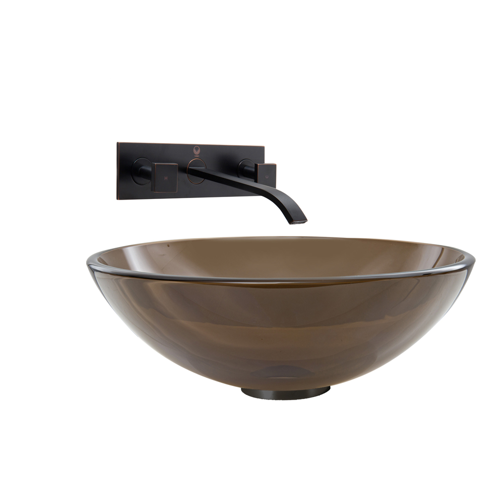 Sheer Sepia Glass Vessel Sink and Titus Wall Mount Faucet Set in Antique Rubbed Bronze