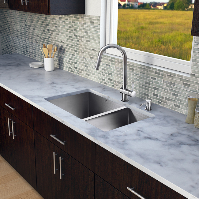 All in One 29-inch Undermount Stainless Steel Double Bowl Kitchen Sink and Faucet Set