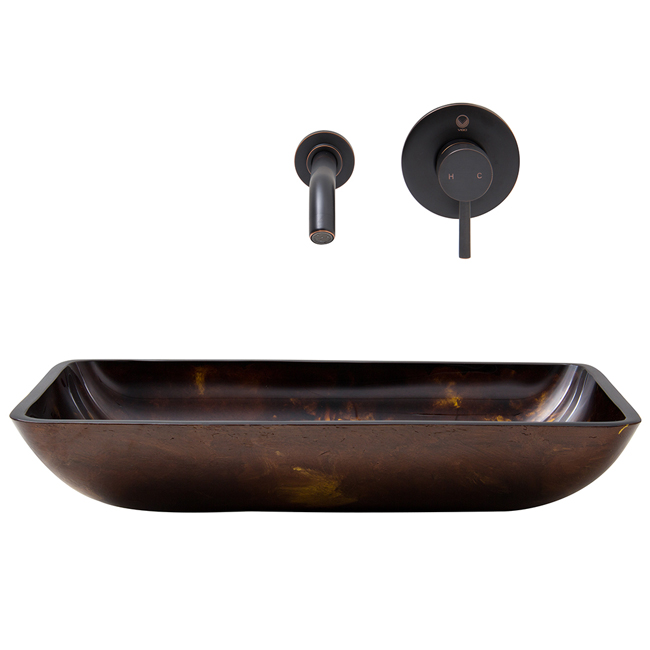 Rectangular Brown and Gold Fusion Glass Vessel Sink and Wall Mount Faucet Set in Antique Rubbed Bronze